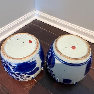 A Pair of Antique Chinese Blue and White Covered Jars