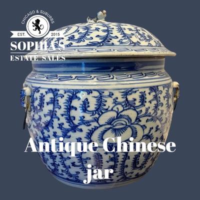 Antique Chinese Blue and White Jar with Lid