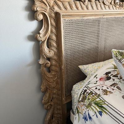 King/Queen Carved Wood and Caned Headboard