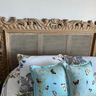 King/Queen Carved Wood and Caned Headboard