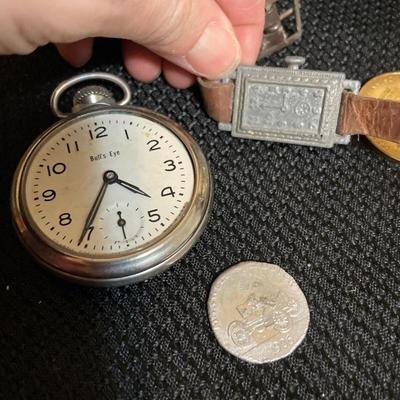 Misc coins, wood box and pocket watch