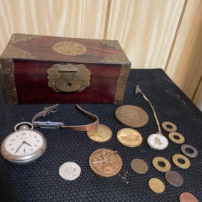 Misc coins, wood box and pocket watch
