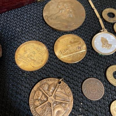 Misc coins, wood box and pocket watch