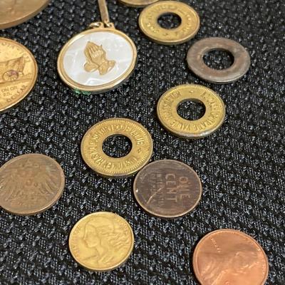 Misc coins, wood box and pocket watch