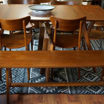 WEST ELM BRAND TEAK DINING ROOM SET W/ BEAUTIFUL GRAIN COLORS/ FOUR CHAIRS/BENCH /ONE LEAF