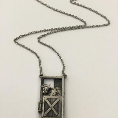 Unique, pewter cow & farmer necklace