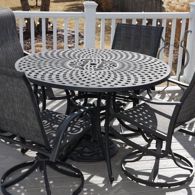 PERFECT PATIO SET DARK GREY ORNATE STYLE PATTERNS WITH HIGHBACK SWIVEL ROCKER CHAIRS/ TILTLING UMBRELLA