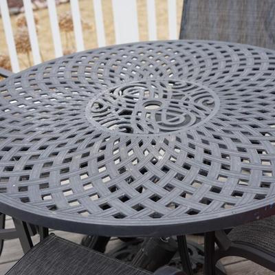 PERFECT PATIO SET DARK GREY ORNATE STYLE PATTERNS WITH HIGHBACK SWIVEL ROCKER CHAIRS/ TILTLING UMBRELLA