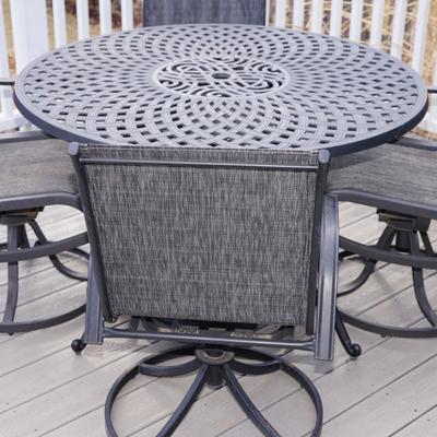 PERFECT PATIO SET DARK GREY ORNATE STYLE PATTERNS WITH HIGHBACK SWIVEL ROCKER CHAIRS/ TILTLING UMBRELLA