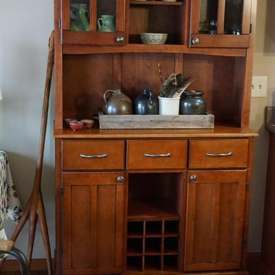 Sale Photo Thumbnail #20: a nice complimentary cabinet to hold your favorite wine. Storage for glasses and items needed for the wine tasting party.  wood with a cherry-colored stain* contents being sold separately. not included
Measures.:
Height: 73"
Width: 41"
the top measures 44