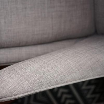 CLASSIC MCM STYLE WING CHAIR SIDE CHAIR W/ TEAK LEGS, LIGHT GREY- TUFT BACK.