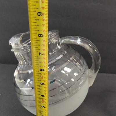 Anchor Hocking Tilt Ball Pitcher White Frosted With Silver Accent Lines & Manhattan Frosted Ball Jug Ribbed