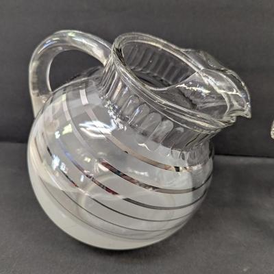 Anchor Hocking Tilt Ball Pitcher White Frosted With Silver Accent Lines & Manhattan Frosted Ball Jug Ribbed