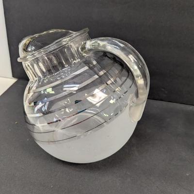 Anchor Hocking Tilt Ball Pitcher White Frosted With Silver Accent Lines & Manhattan Frosted Ball Jug Ribbed
