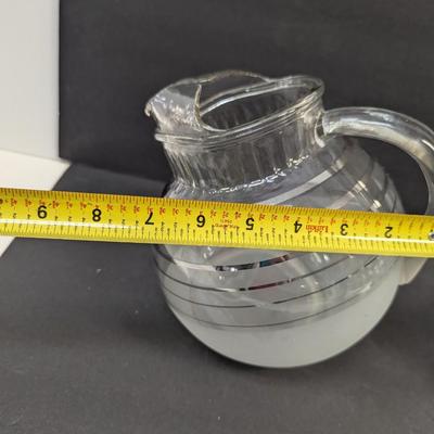 Anchor Hocking Tilt Ball Pitcher White Frosted With Silver Accent Lines & Manhattan Frosted Ball Jug Ribbed