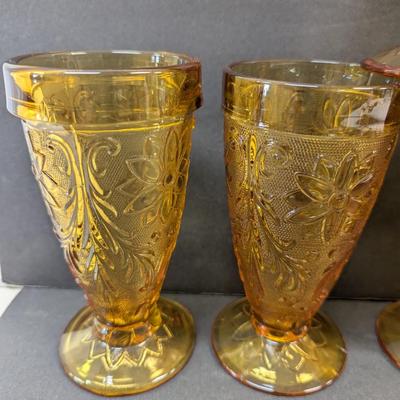 11 - Tiara Indiana Glass Amber Sandwich Footed Tumblers #22