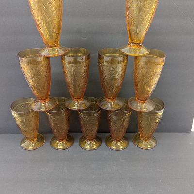 11 - Tiara Indiana Glass Amber Sandwich Footed Tumblers #22
