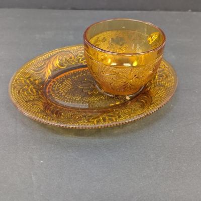 8 Sets Of Tiara Sandwich Amber Indiana Glass Snack Sets #23
