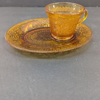 8 Sets Of Tiara Sandwich Amber Indiana Glass Snack Sets #23
