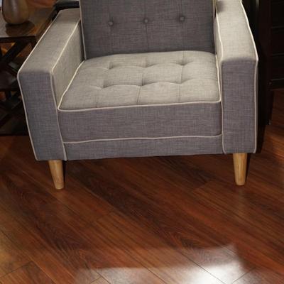 MCM STYLE ACCENT LOUNGE ARMCHAIR LIGHT GREY TUFT BACK AND SEAT W/ WHITE CORD ACCENT/ NAURAL WOOD LEGS