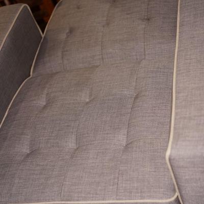 MCM STYLE ACCENT LOUNGE ARMCHAIR LIGHT GREY TUFT BACK AND SEAT W/ WHITE CORD ACCENT/ NAURAL WOOD LEGS
