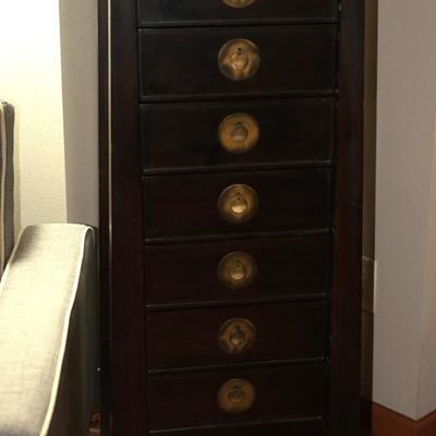 MCM ASIAN INFLUENCE EIGHT DRAWER TALL CHEST/ BRASS PEDAL SHAPED LEAVES AND BACK PLATE