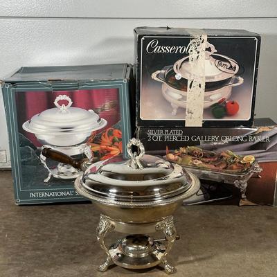 LOT 11G: Silver Plates Casserole Dish, Chafing Dish & Oblong Baker