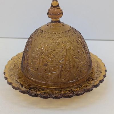 Vintage Amber Sandwich Glass Butter Dish #1