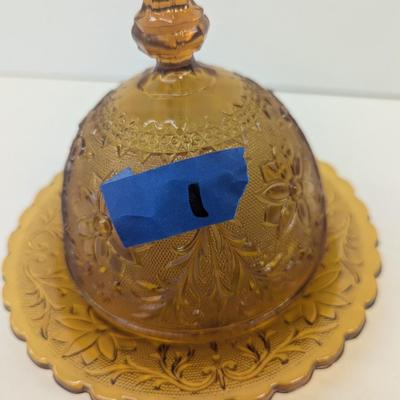 Vintage Amber Sandwich Glass Butter Dish #1