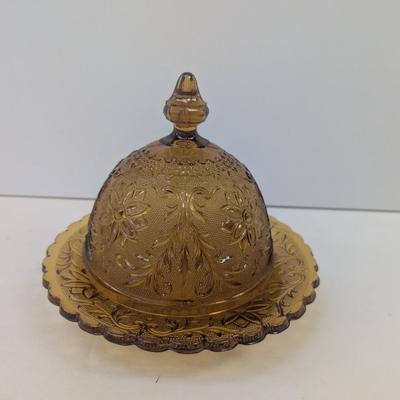 Vintage Amber Sandwich Glass Butter Dish #2