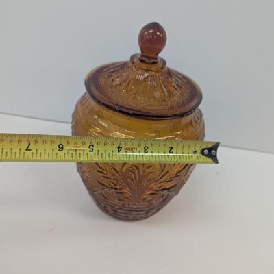 Tiara Indiana Daisy Glass Sandwich Amber Biscuit Jar