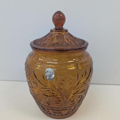 Tiara Indiana Daisy Glass Sandwich Amber Biscuit Jar