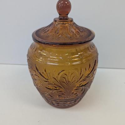 Tiara Indiana Daisy Glass Sandwich Amber Biscuit Jar