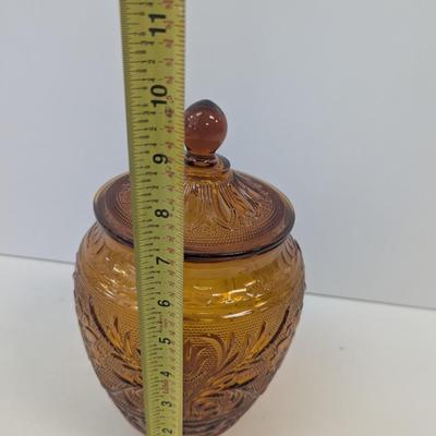 Tiara Indiana Daisy Glass Sandwich Amber Biscuit Jar