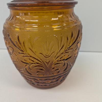 Tiara Indiana Daisy Glass Sandwich Amber Biscuit Jar