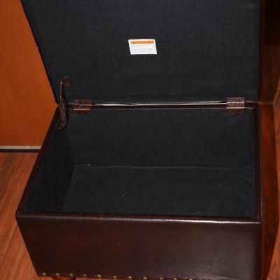 CLASSIC USEFUL STORAGE OTTOMAN / DARK BROWN FAUX LEATHER W/ TACKING ACCENT. / TURNED LEGS