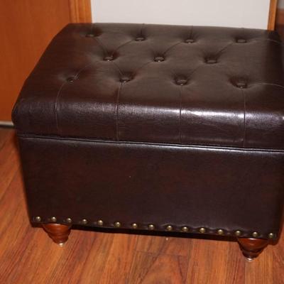 CLASSIC USEFUL STORAGE OTTOMAN / DARK BROWN FAUX LEATHER W/ TACKING ACCENT. / TURNED LEGS