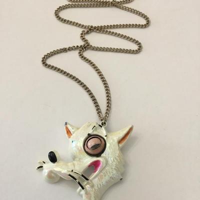 Rare vintage enamel Fox with articulating eyeball on vintage silver tone chain