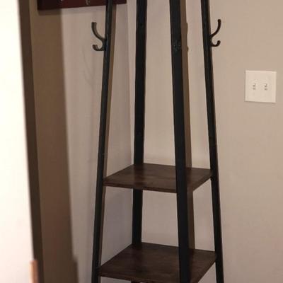 VERY UNIQUE HALL TREE. TEE PEE SHAPE/ CENTER SHELVES OF NATURAL WOOD/ HANDY METAL HOOKS