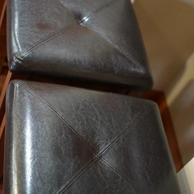SET OF FOUR VERY HANDY SNACK BAR STOOLS W/ FAUX BLACK LEATHER UPHOLSTERED PADS. WOOD FRAME