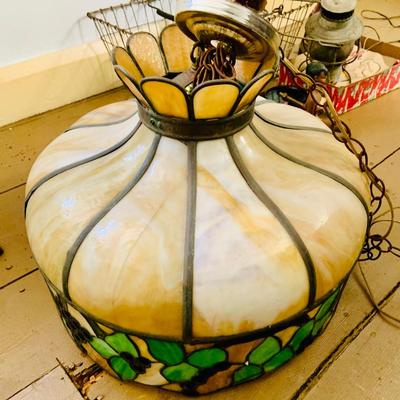LOT 528: Vintage Slag Glass/Stain Glass Hanging Lamp.