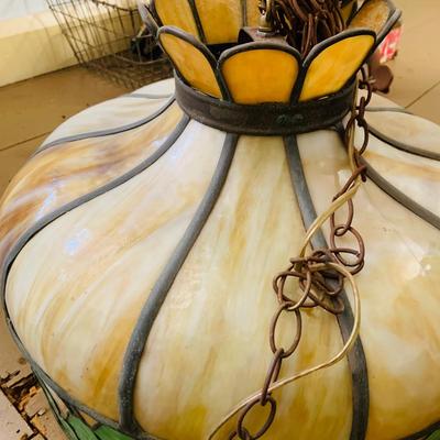 LOT 528: Vintage Slag Glass/Stain Glass Hanging Lamp.