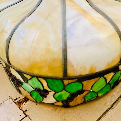 LOT 528: Vintage Slag Glass/Stain Glass Hanging Lamp.