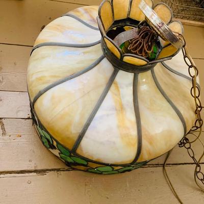LOT 528: Vintage Slag Glass/Stain Glass Hanging Lamp.