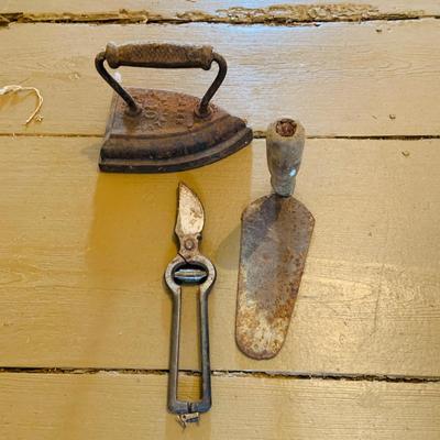 LOT 531: Rustic Collection of Vintage/Antique Tools, Pans, Grill, and More