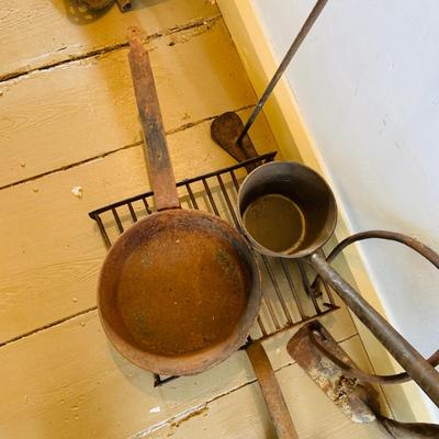 LOT 531: Rustic Collection of Vintage/Antique Tools, Pans, Grill, and More
