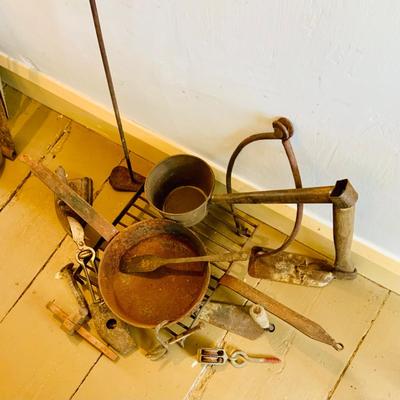 LOT 531: Rustic Collection of Vintage/Antique Tools, Pans, Grill, and More