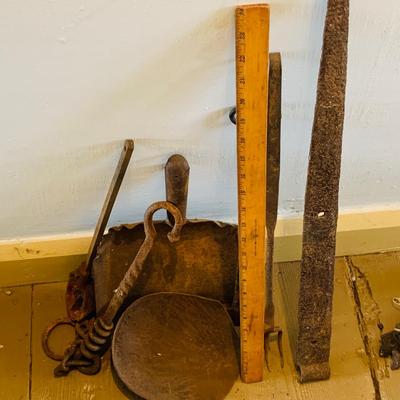 LOT 532: Assortment of Primitive Metal Tools Including Spikes, Dust Pan, Sconce and More
