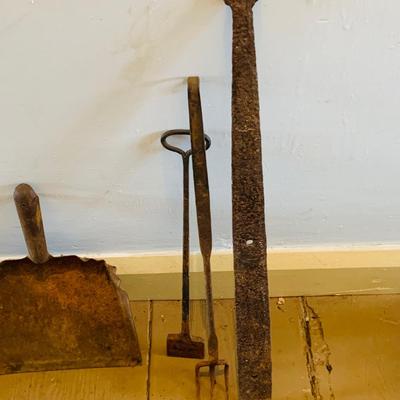 LOT 532: Assortment of Primitive Metal Tools Including Spikes, Dust Pan, Sconce and More