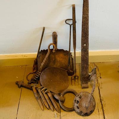 LOT 532: Assortment of Primitive Metal Tools Including Spikes, Dust Pan, Sconce and More